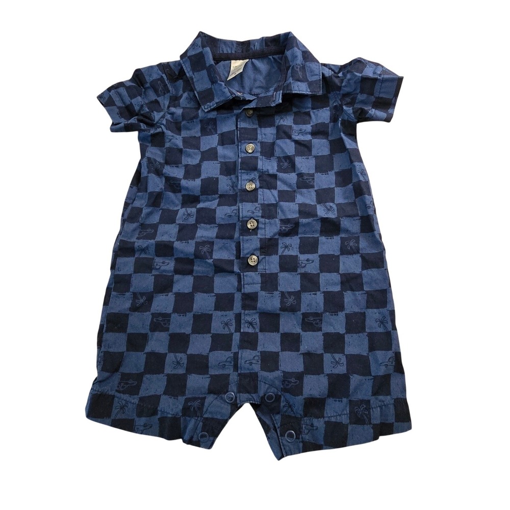 Carters Baby Boy Blue Checkered Palm Tree Car Button Front Romper 12M